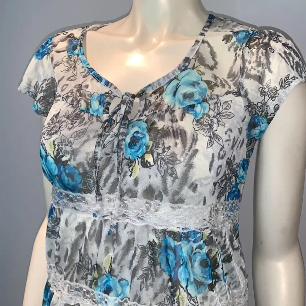 Vintage 90’s Y2K Self Esteem Sheer Chiffon Tiered‎ Lace Babydoll Top Size Large